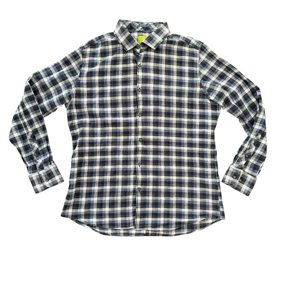 Trial XL‎ Linen Blend Blue Plaid Long Sleeve Button Up Men's Shirt